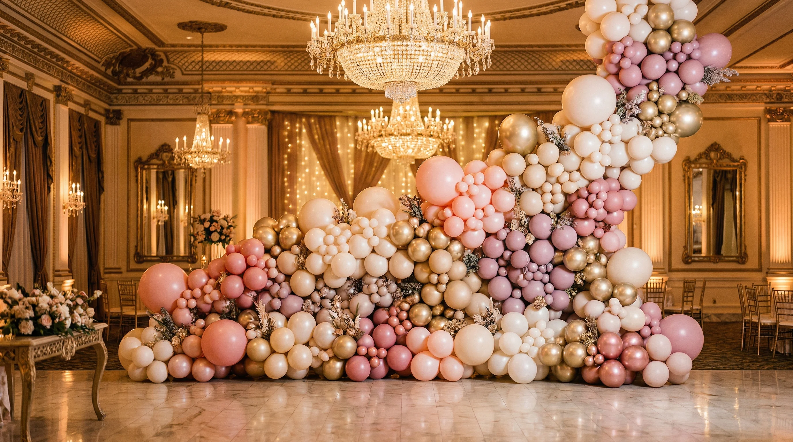 Spektakularna ścianka z balonami w eleganckim miejscu eventowym